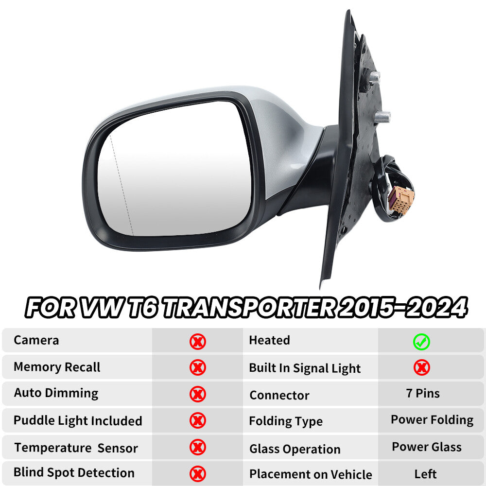 F¨¹r for VW T6 Transporter 2015-2024 Au?enspiegel R¨¹ckspiegel Silber Links 7 Draht