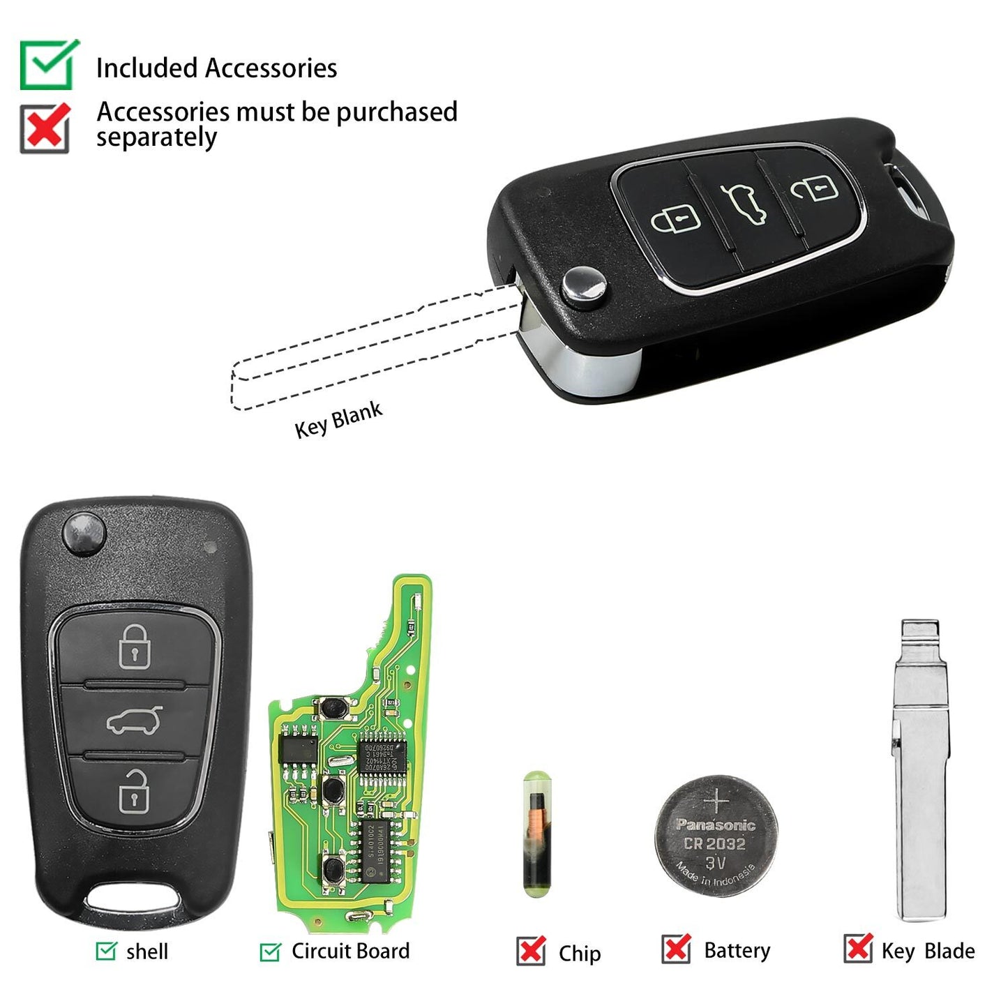 5Pcs XNHY02EN Wireless Remote Key Fit for Hyundai Flip 3 Buttons
