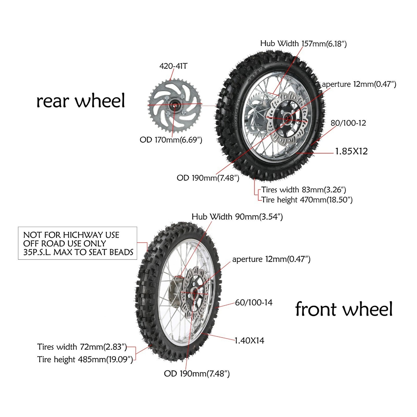 14-inch and 12-inch front and rear tire and rim assembly for SSR Apollo 125cc Dirt Pit bicycle