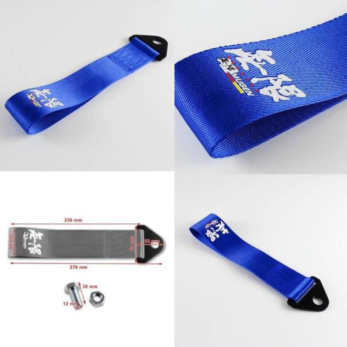 Blue Mugen car tow hook for Mazda - Front cover, rear trunk, bumper, and tow hook.