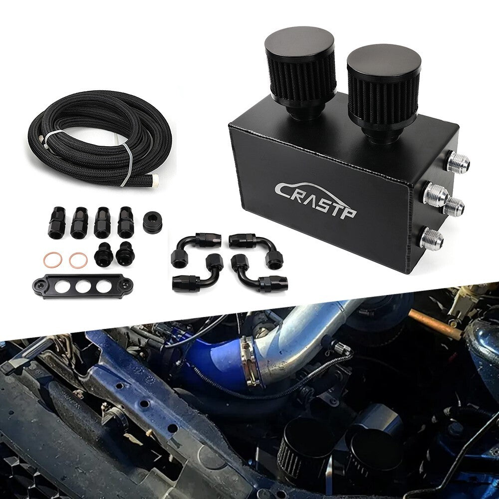 10AN Oil Catch Can Reservoir Tank 4 Port Dual Breather Filter Baffled Kit Black