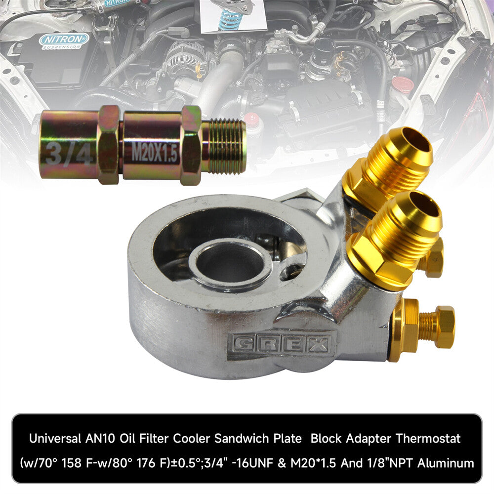 Aluminum AN10 Oil Filter Cooler Sandwich Plate Adapter Thermostat w/80 Deg 176 F