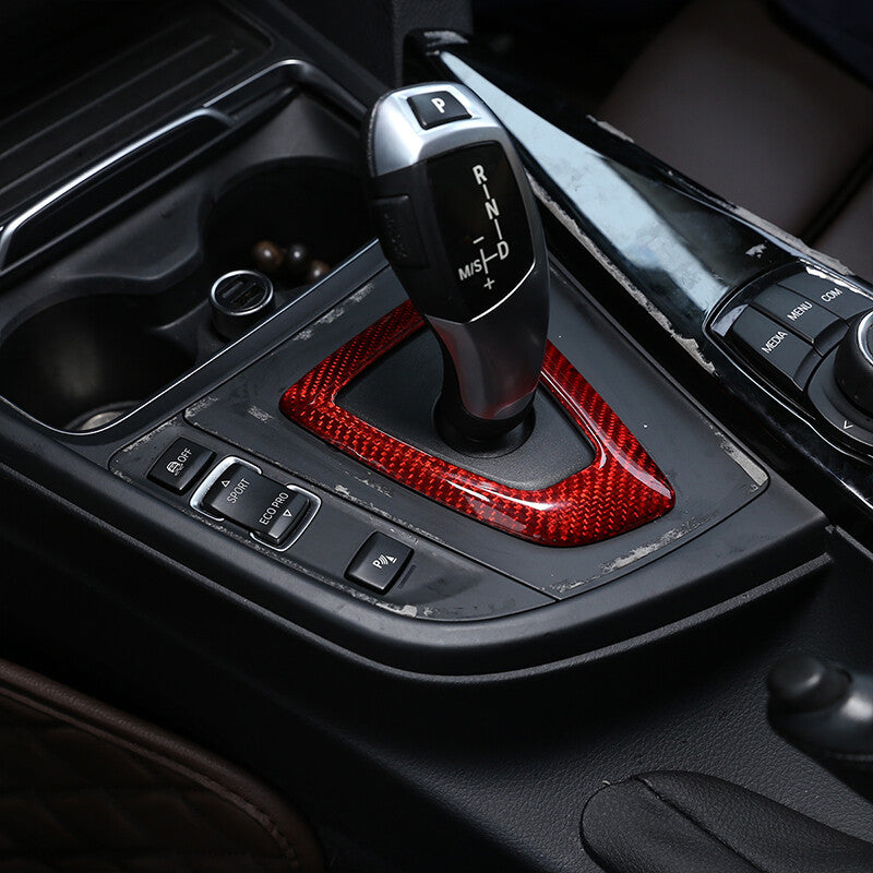 Red dry carbon fiber gear shift cover suitable for BMW F20, F30, F22, F32, X3, X4.