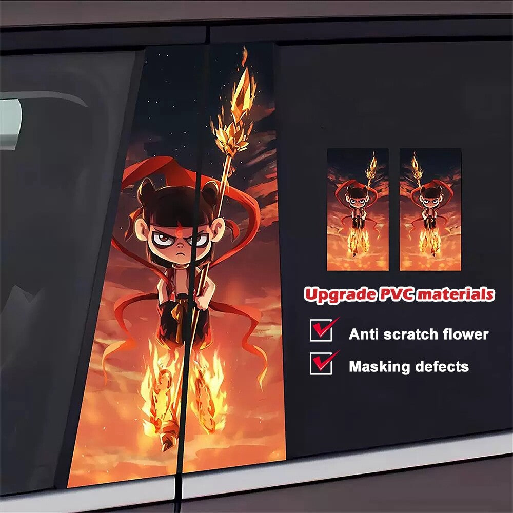 Waterproof 2x Car B-Pillar Vinyl Decals Cute Ne zha Vehicle Door Pillar Sticker