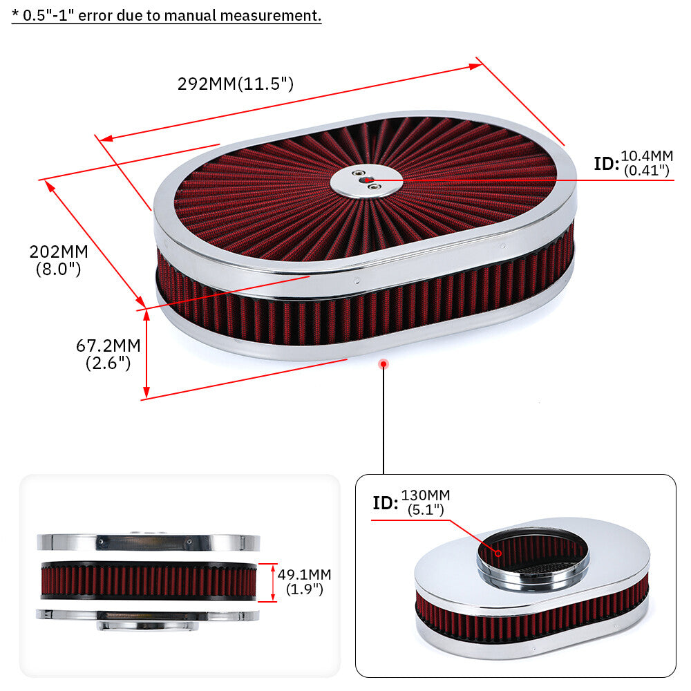 RED 12 Oval Flow Thru Hot Rod Air Cleaner Washable SBC BBC for Chevy for Ford