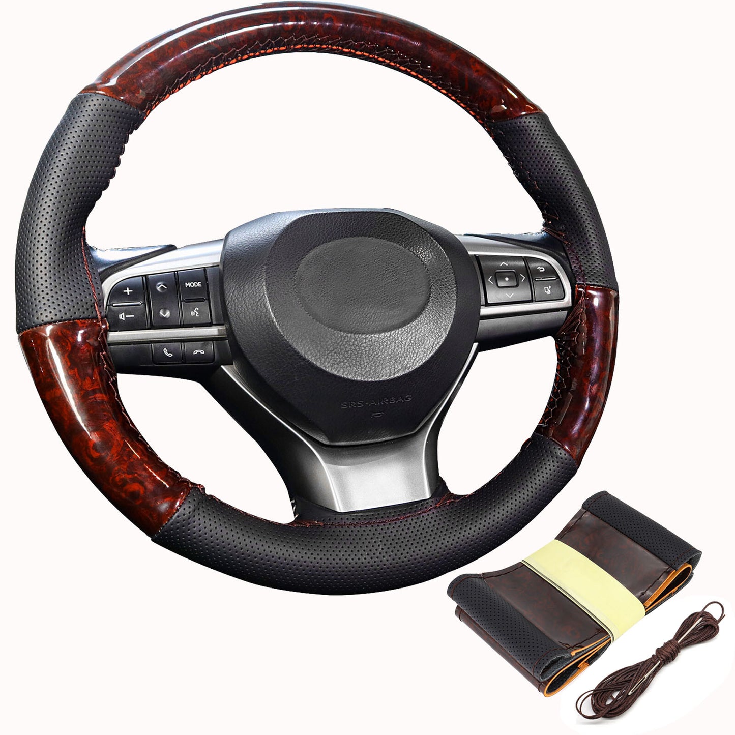 Wood Grain Car Steering Wheel Cover Breathable Leather Anti-slip Accessories 1pc