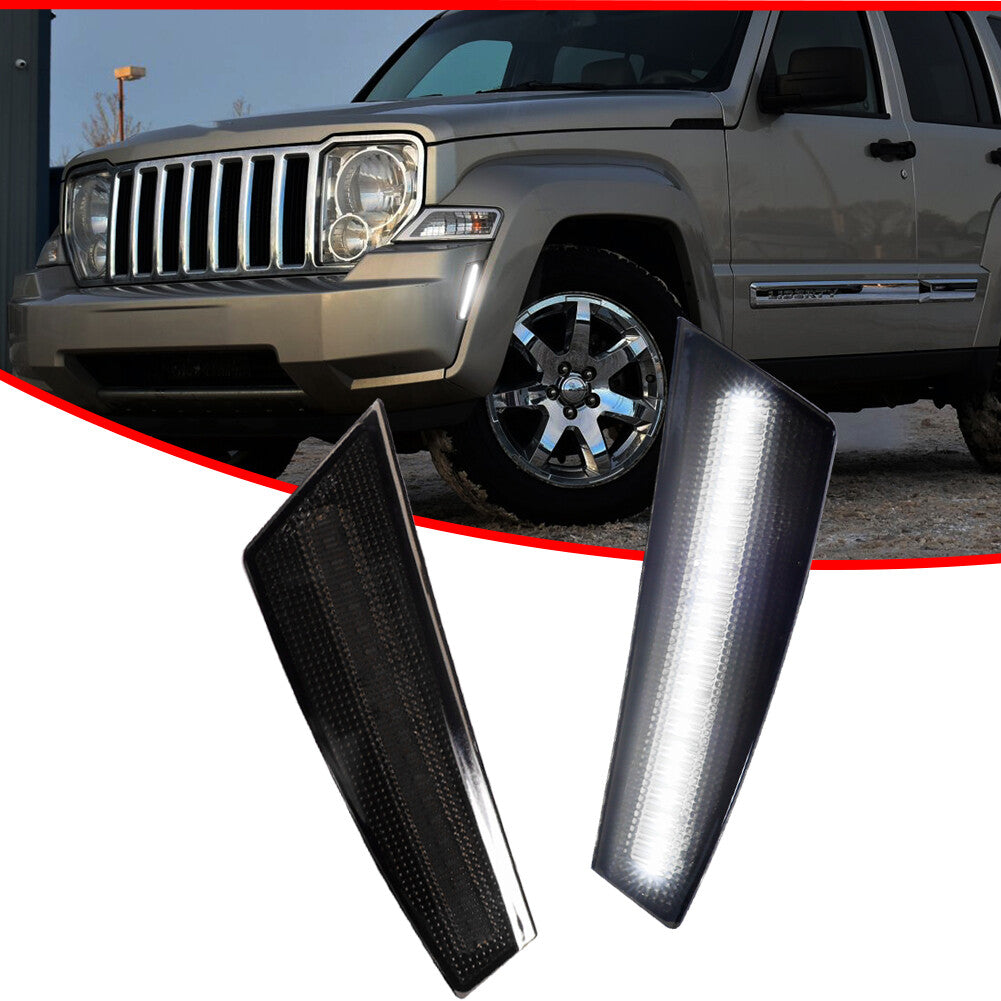A pair of smoked lens white LED front bumper side marker lights for 08-12 for Jeep Liberty