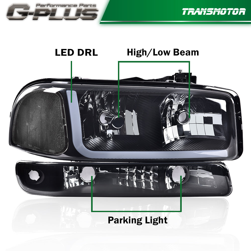Suitable for 99-07 GMI SIERA/ for YUKON LED DRL Black Transparent Headlight with BUMPER Signal Light