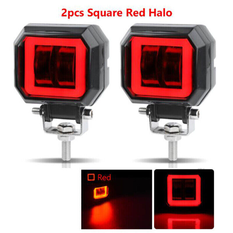 2X 3in Square LED Work Light Bar Spot Cube Pods Driving Fog Red Halo Offroad 4WD