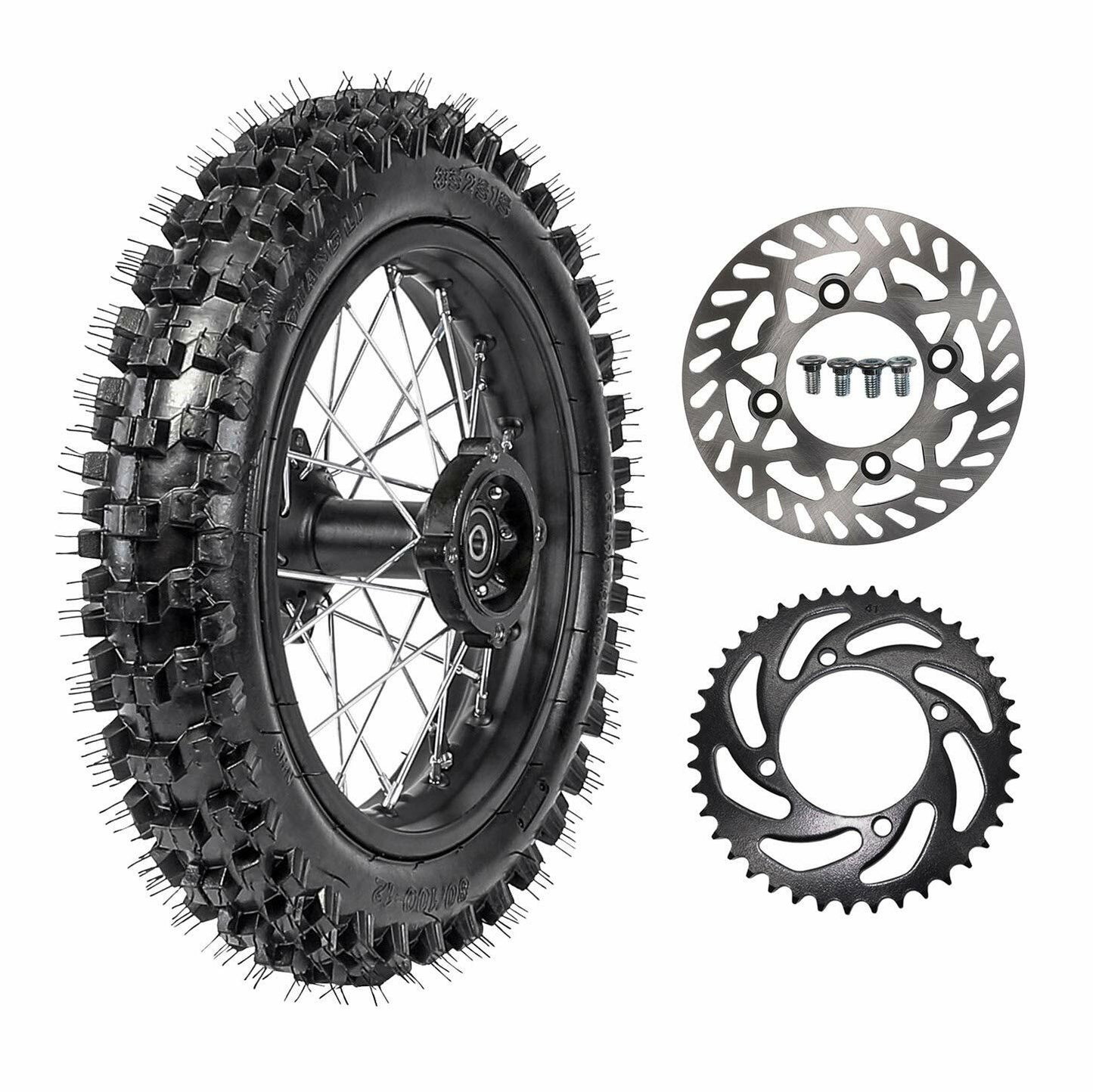 12-inch rear wheel, 80/100-12 tire, rim, disc rotor, sprocket suitable for Apollo SSR 125 KX 65