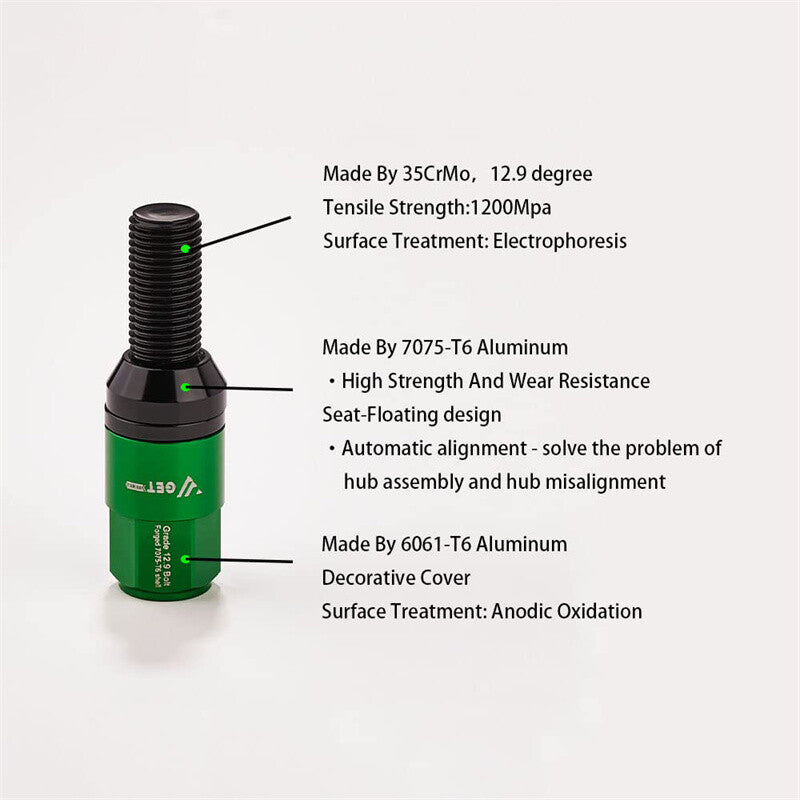 20-pack green M14x1.5 wheel lug bolts, tapered for seat studs, 35 shanks, suitable for most aftermarket applications.
