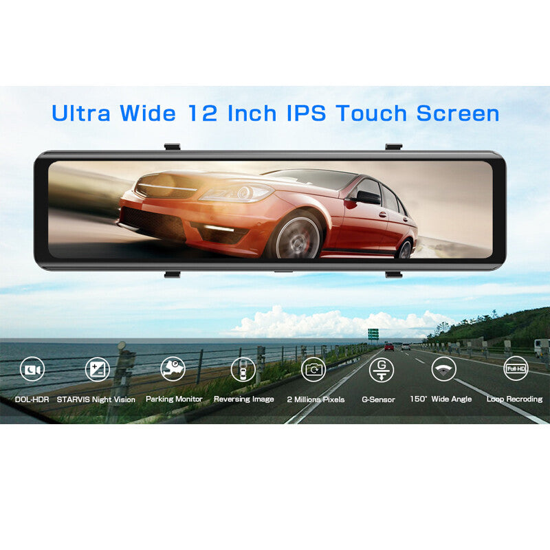 12-inch HD Autopilot DVR Car Recorder Rearview Mirror Backup Camera GPS