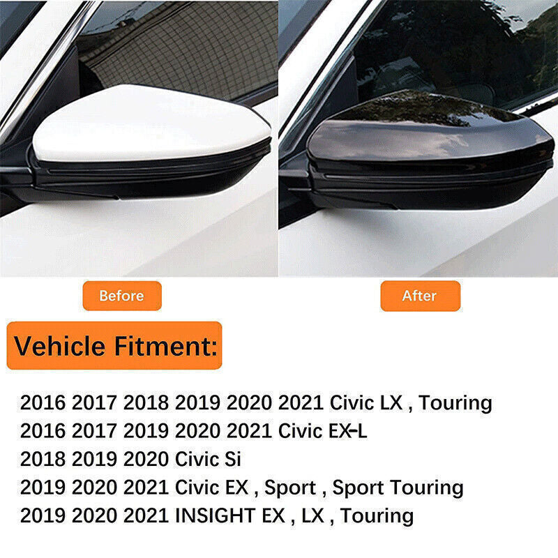 2PCS ABS Gloss Black Side Rearview Mirror Cap Cover Trim for Honda for Civic 2019-21