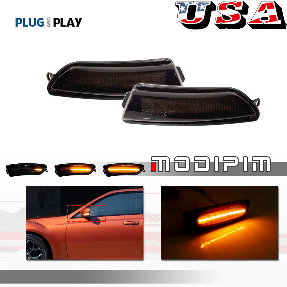 Applicable to 2011-20 for Chrysler 300 Smoked with Amber LED Side Mirror Sequence Lights