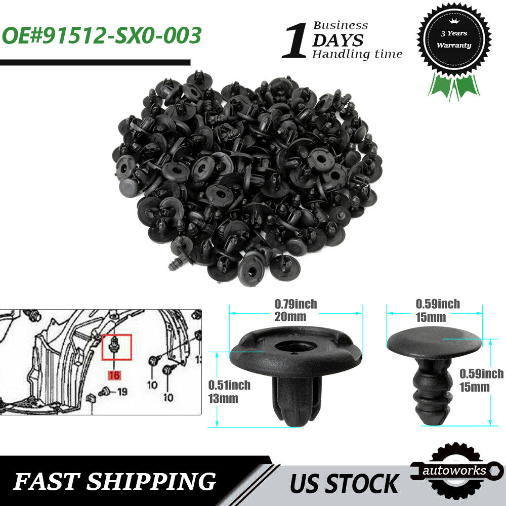 100PCS Fender Liner Clips Push Retainer for Honda for Civic Accord for Acura Integra NEW
