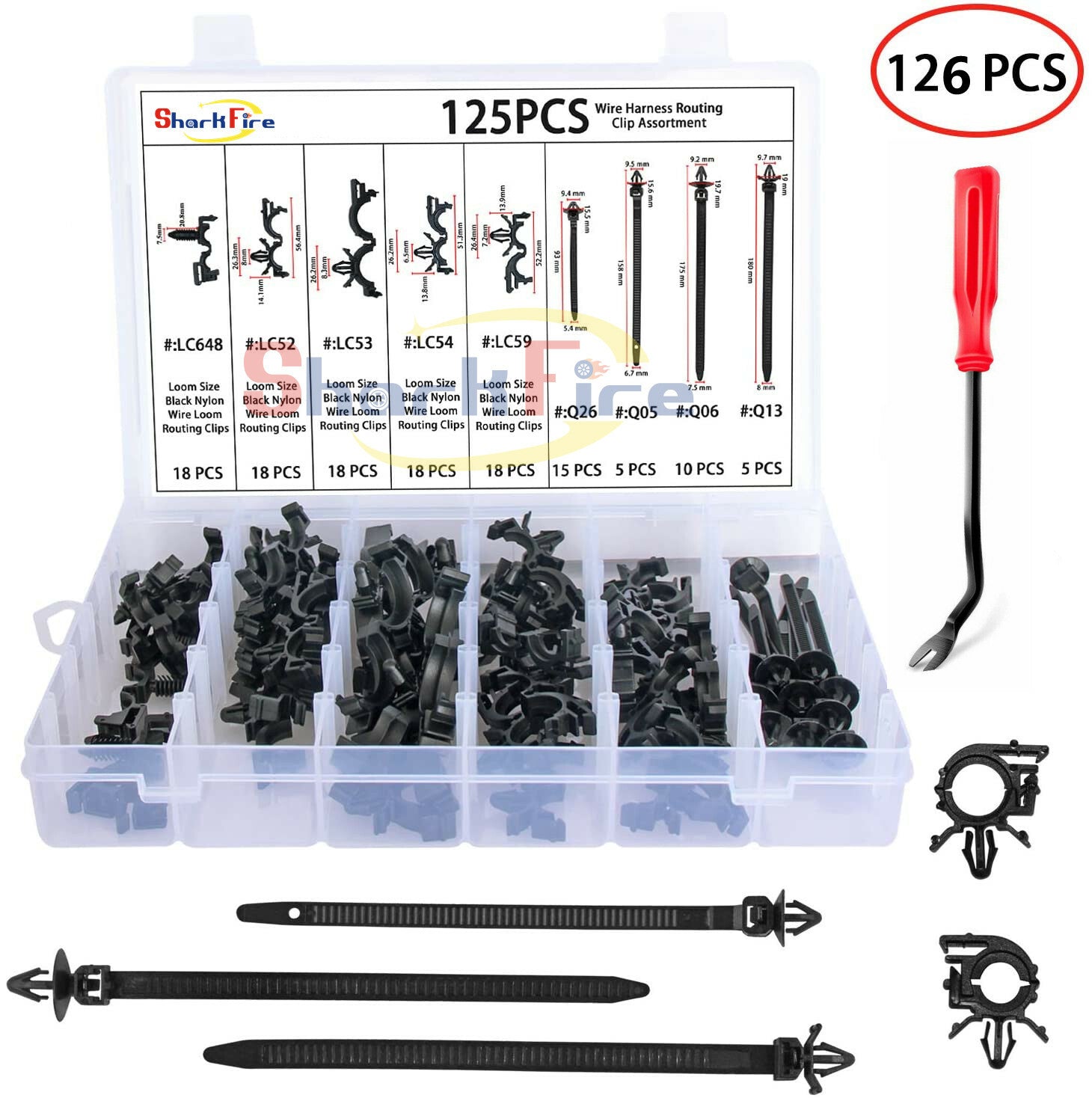 Automotive wiring harness clips, 6 different sizes suitable for Honda , GM, and for Mazda .