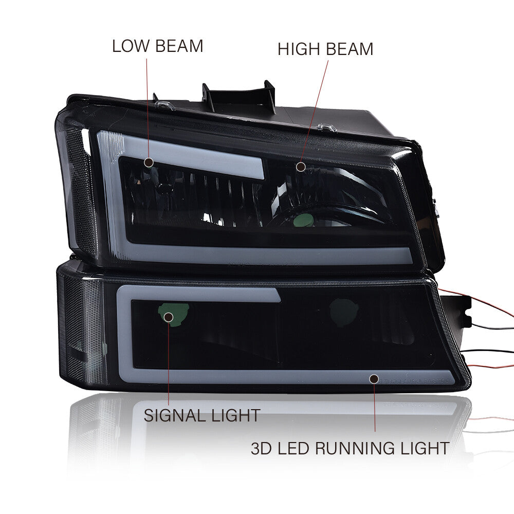 Suitable for 2003-2007 Silverado/Avalanche vehicles. Dual LED C-BAR smoke/clear headlights + signal.