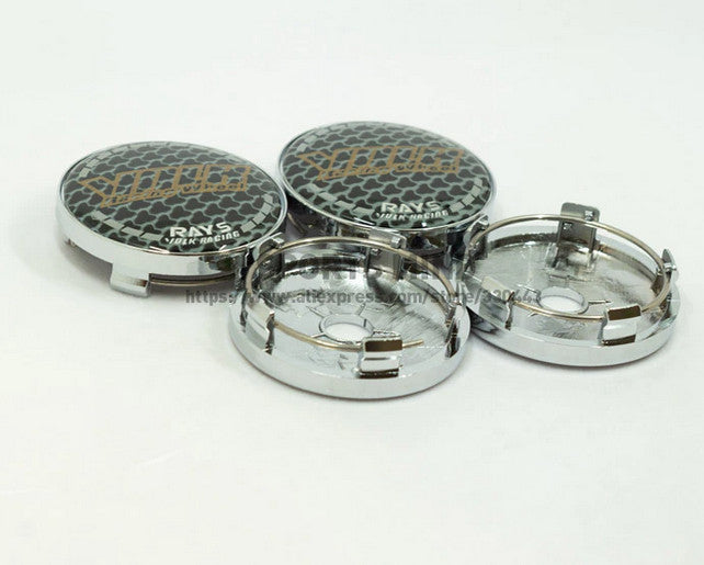 4-piece set of 60mm Volk racing badge wheel center caps, hubcaps, and rim caps in chrome alloy.