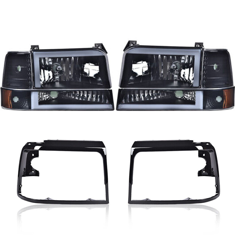 Suitable for 92-96 F150 F250 LED DRL black/smoky headlights with black frame on the lamp cover.