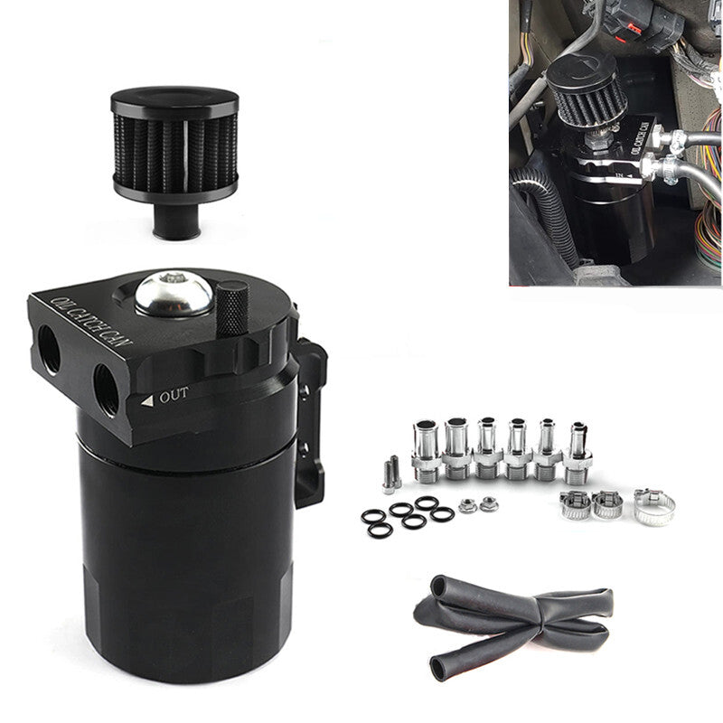 Car Baffled Aluminum Oil Catch Can Tank Drain Valve Breather Cylinder Filter Kit