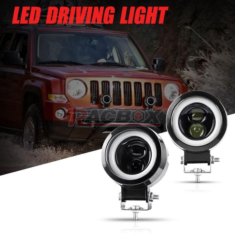 2X 10V-30V LED Motorcycle Spotlight White Hi/Lo Spot Light w/Blue Halo Universal