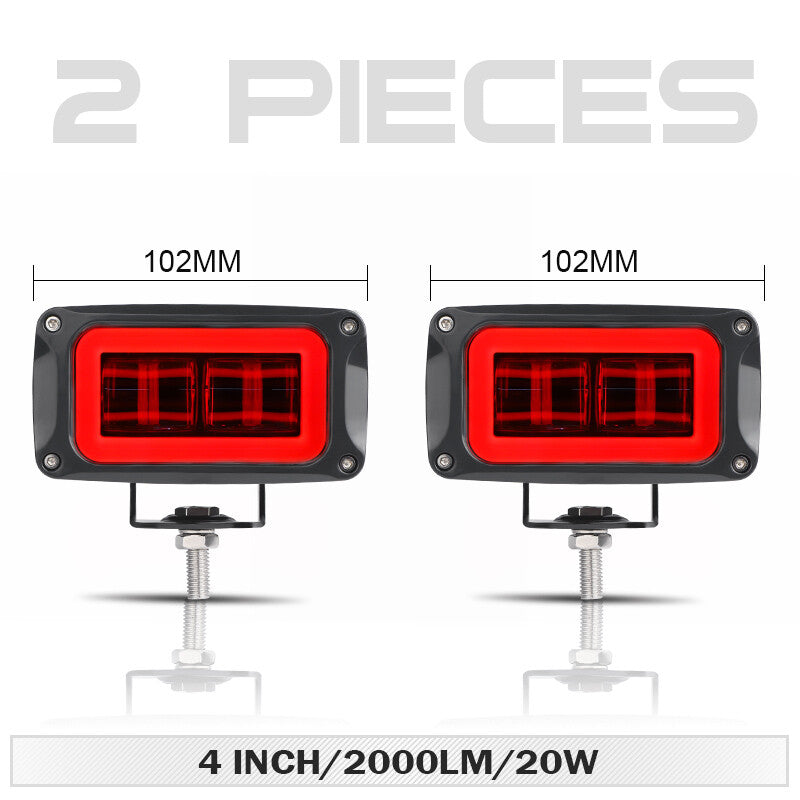 2X 4in LED Work Light Bar Red Halo DRL Spot Offroad Driving Pods Fog ATV SUV UTV