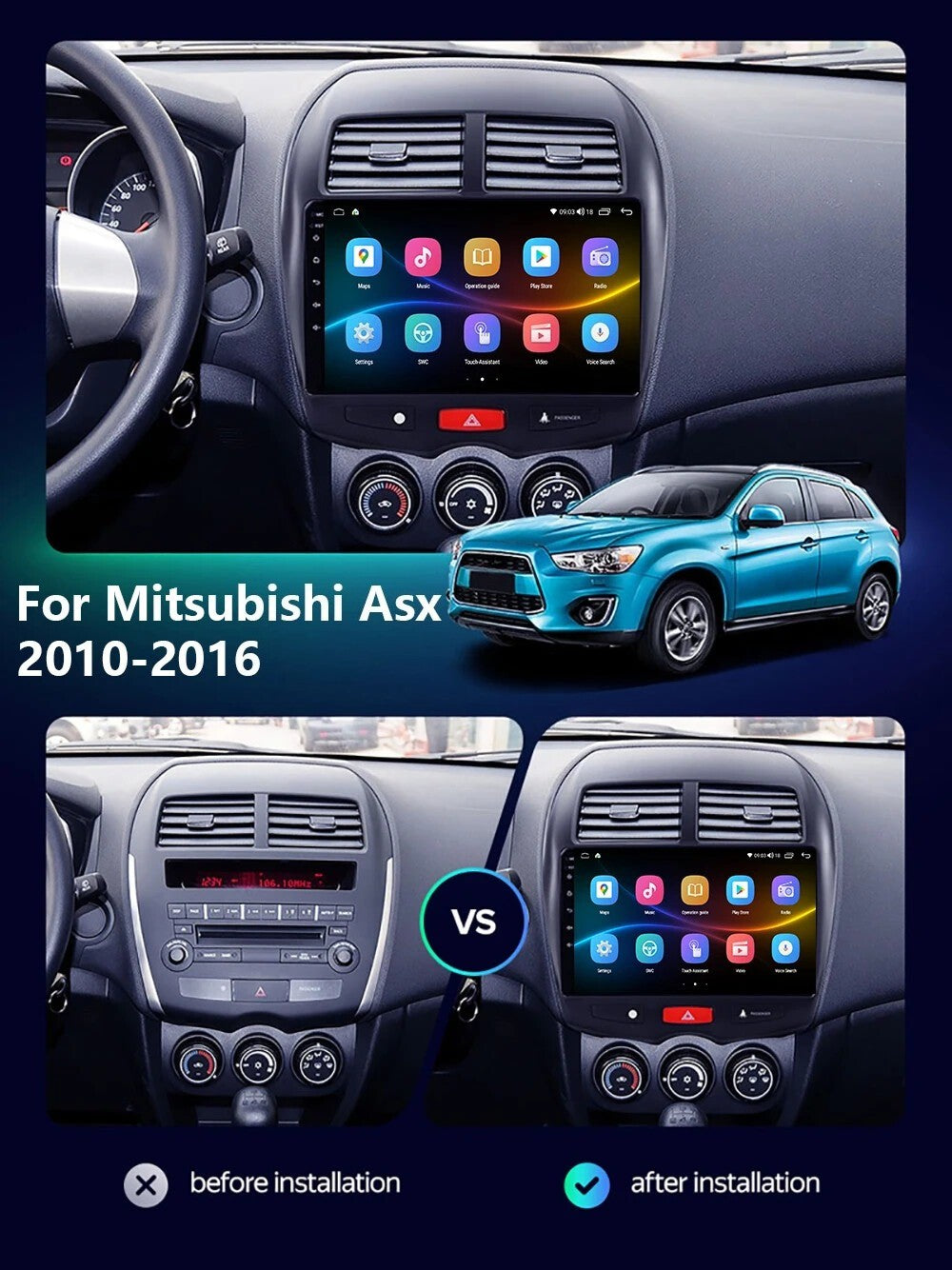 Car Stereo Radio for Mitsubishi ASX 2010-16 Android Auto CarPlay GPS Navi Screen