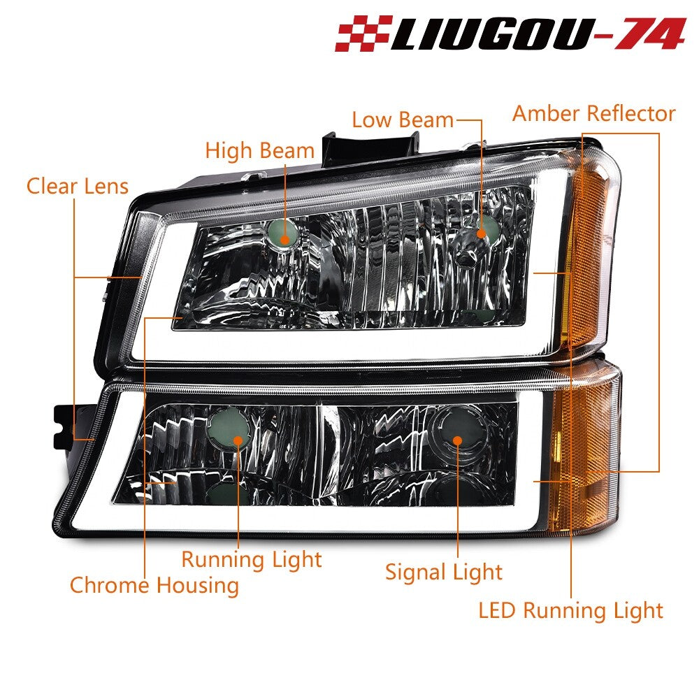 Suitable for 2003-07 Silverado/Avalanche LED DRL headlight signal pairs with chrome housings.