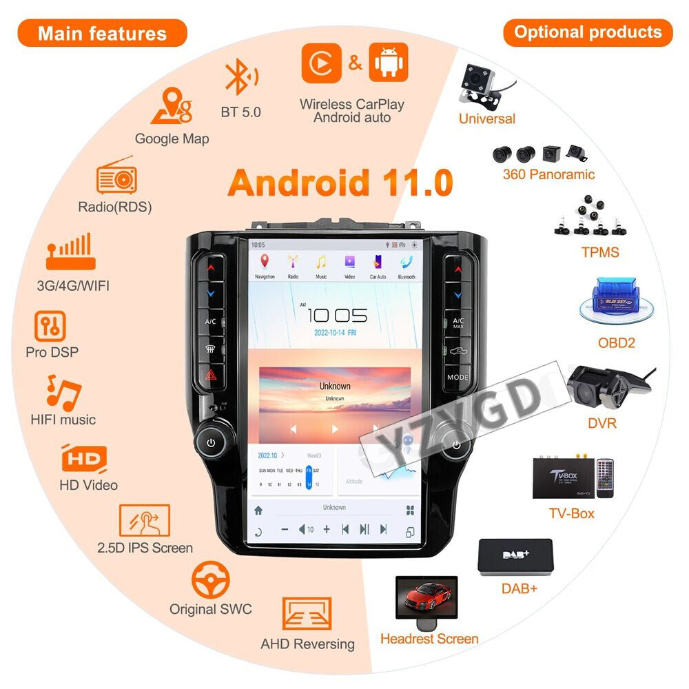 Android Car Radio Carplay Stereo Screen 2Din for Dodge for Ram 1500 2500 3500 2019+