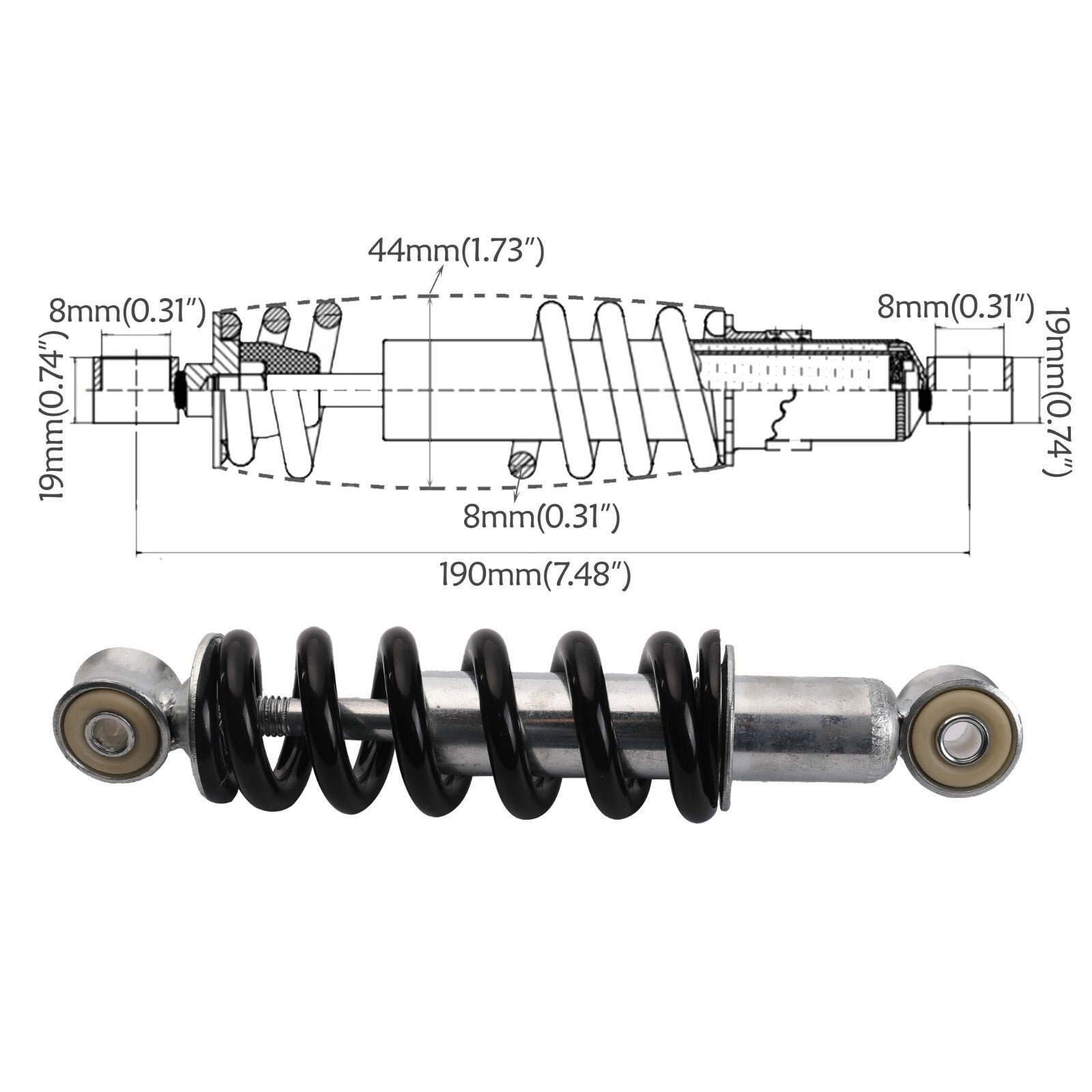 190mm rear shock absorber suitable for off-road 47cc and 49cc Dirt Pit quad bikes.