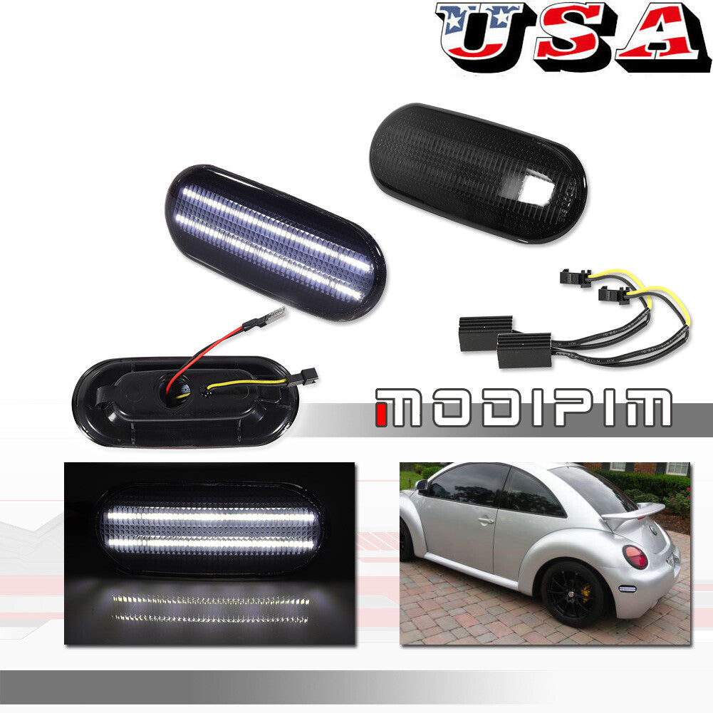 Smoked white LED rear fender side marker lights for 1998-2005 for Volkswagen Beetles.