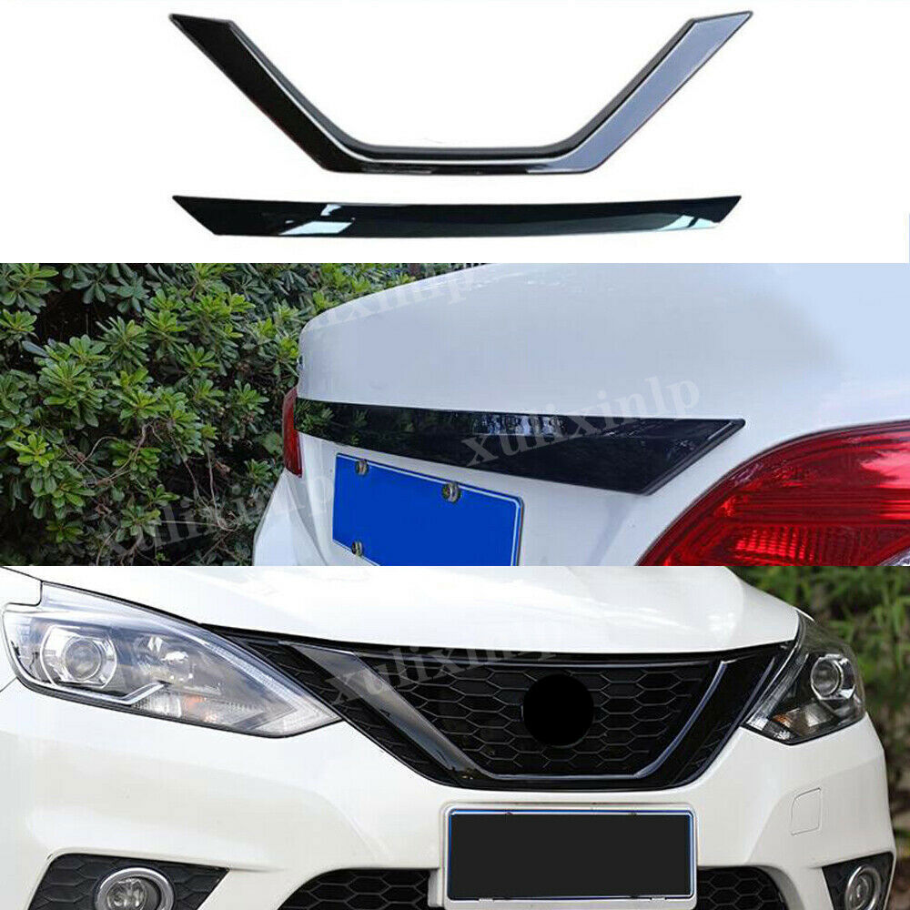 For 2016-2019 for Nissan Sentra Bright Black Front Grille Grill+Rear Door Lid Trims