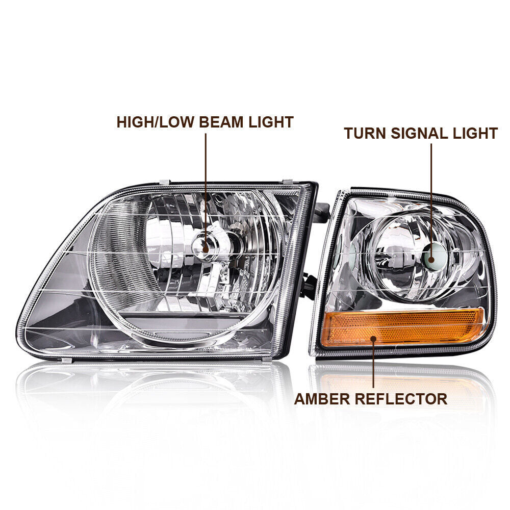 A pair of transparent headlights with cornering lights suitable for the 1997-03 for Ford F150 and the 1999-02 Expedition.