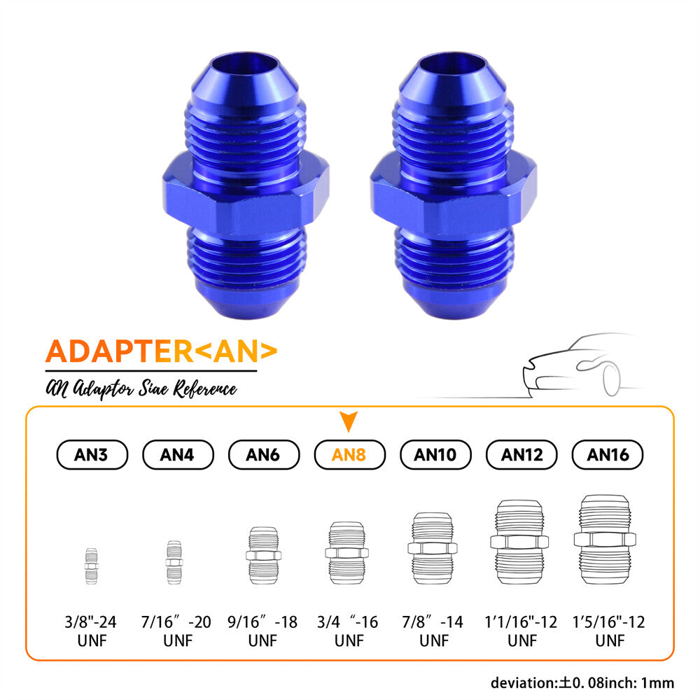 2PCS 8AN to 8AN Male Male Thread Coupler Union Straight Hose Adapter Blue