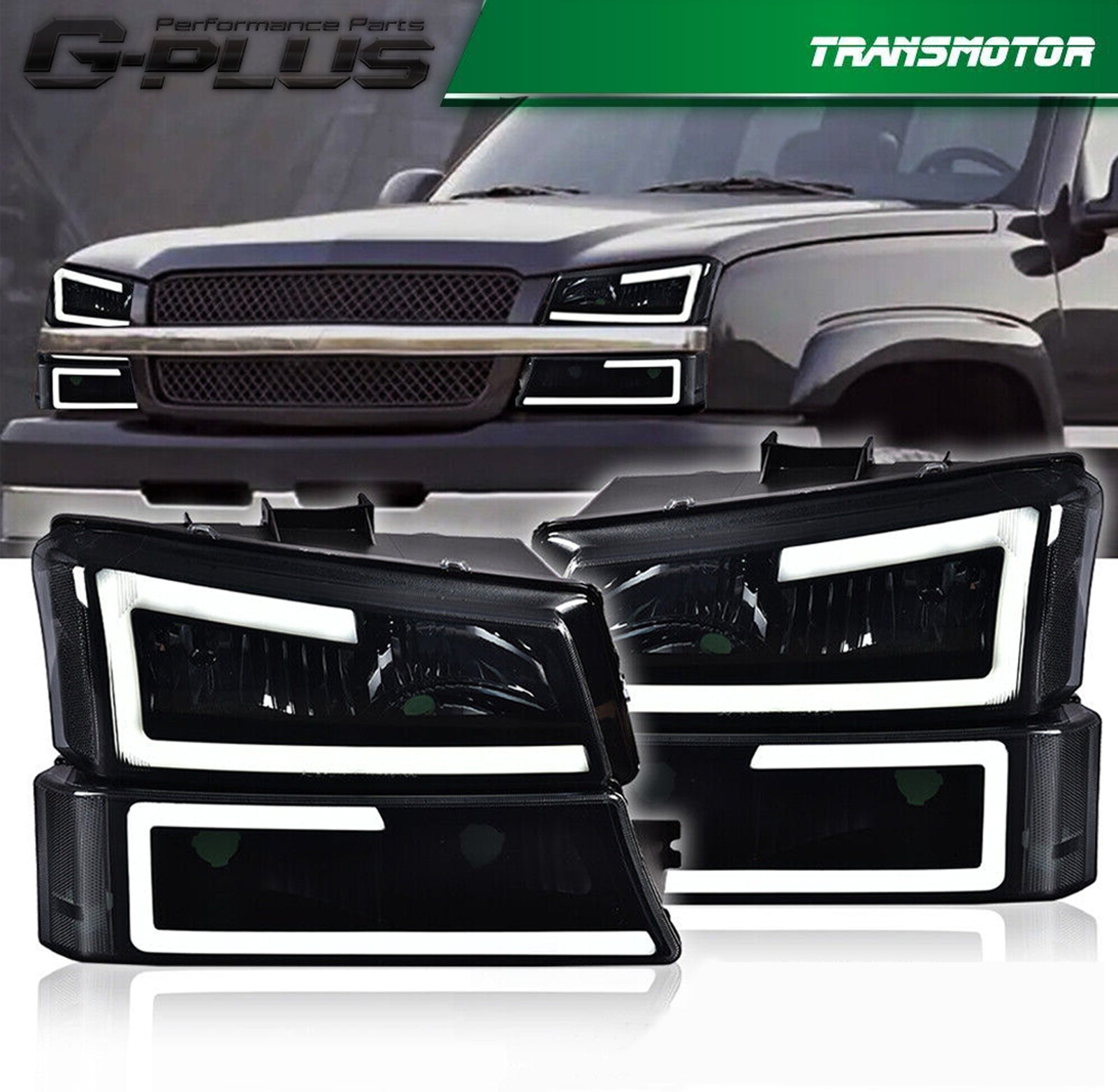Suitable for 2003-2007 Silverado/Avalanche vehicles. Dual LED C-BAR smoke/clear headlights + signal.