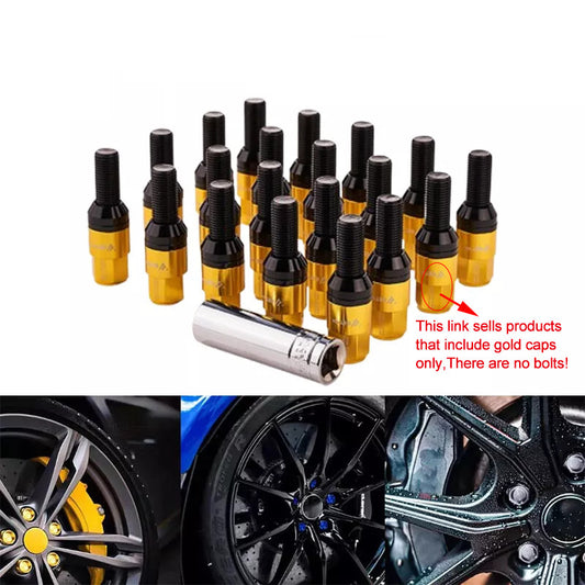 20-piece set of gold wheel lug bolts and replacement caps, 28mm, suitable for most for Audi , for Volkswagen , and for Mercedes-Benz models.