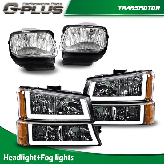 LED DRL Amber Chrome Headlights + Bumper Fog Lights Suitable for Chevrolet Silverado 03-06