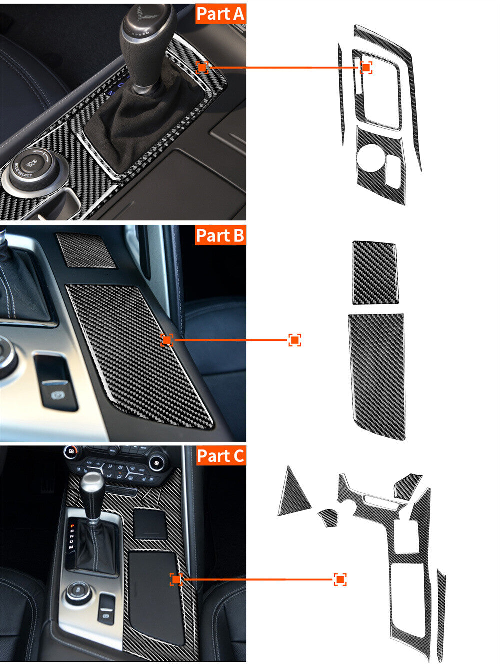 for Chevrolet for Corvette C7 2014-19 Carbon Fiber Gear Shift Cup Holder Cover 11Pcs