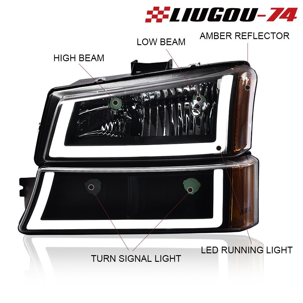 Suitable for 03-06 Silverado Amber LED DRLs with black housings. Headlights + taillights new.