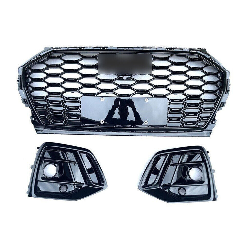 Front Bumper Honeycomb Grille+Fog Light Cover Grill for Audi Q5 2021-2022 Black