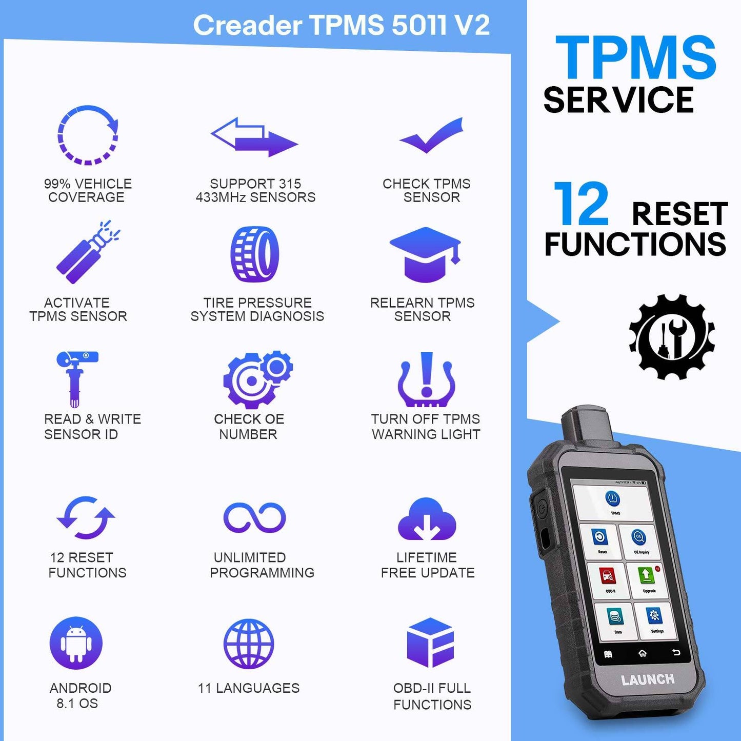 LAUNCH Creader TPMS 5011 V2 TPMS Activation  Diagnostic Tool learning  Progarm