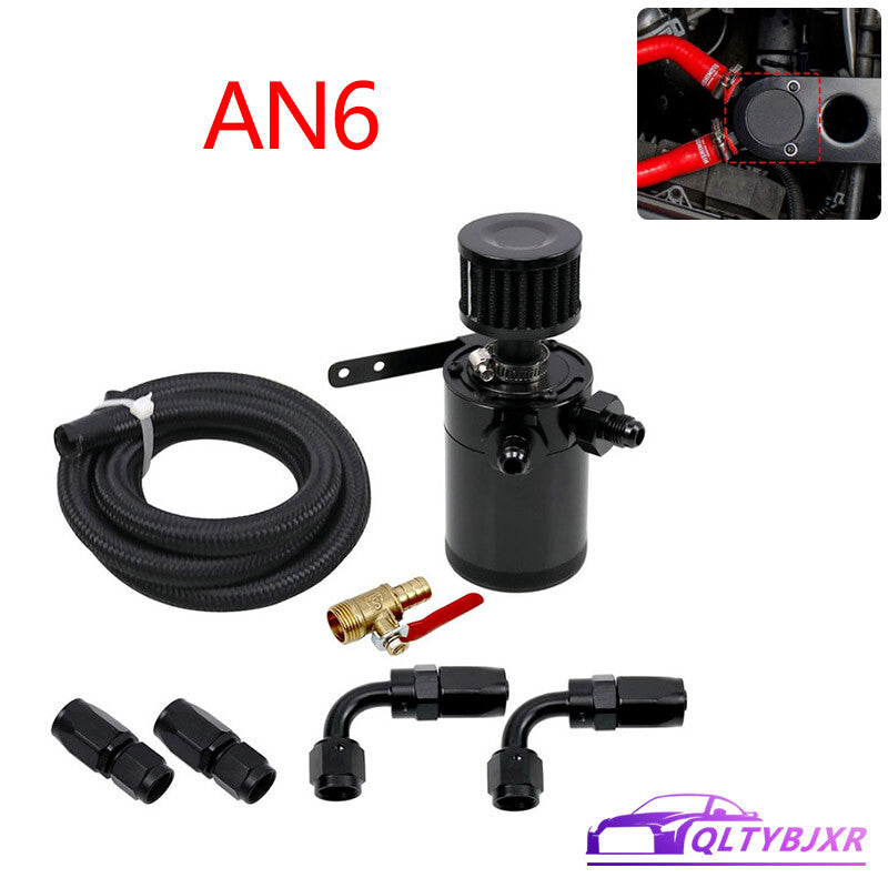 AN6 Oil Catch Can Reservoir Baffled Tank with Breather FilterAdapterHose Black
