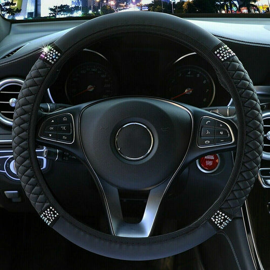 Car steering wheel cover with diamond sparkle rhinestone anti-slip, universal fit for 15-inch wheels