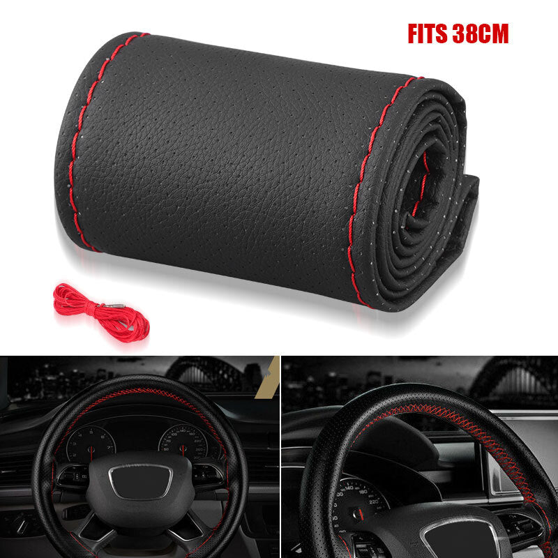15 DIY Leather Car Steering Wheel Cover Needle Thread Anti-Slip Black 37-38cm