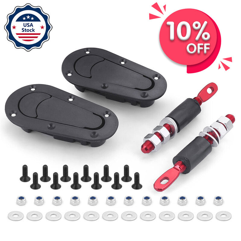 Black Racing Car Bonnet Plus Flush Mount Hood Latch Steel Pin Locking Kit