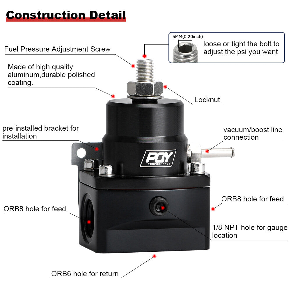 Black Adjustable EFI Fuel Pressure Regulator Bypass Gauge AN8 Feed  AN6 Return