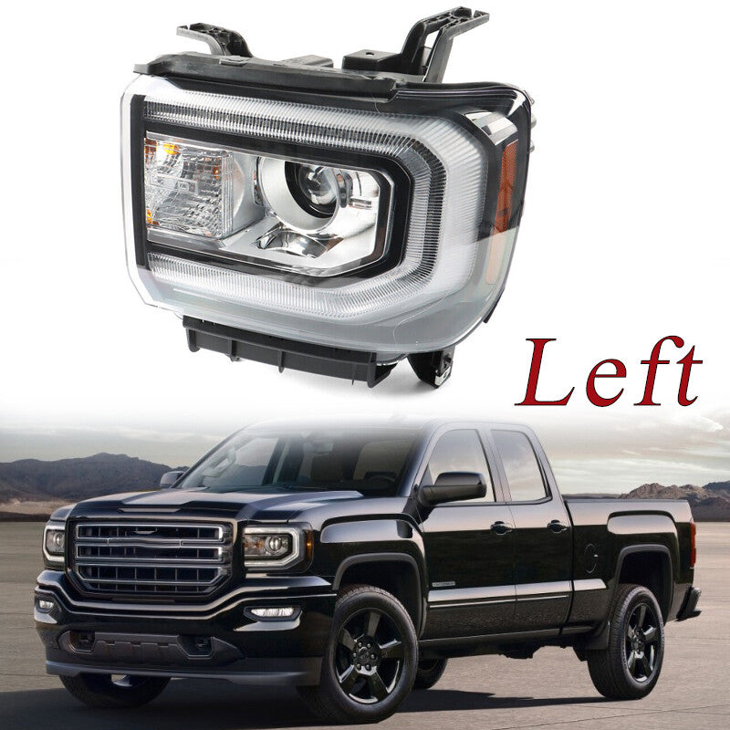 Headlights applicable to 2016-2018 for GMC for Sierra 1500 LED DRL projector with HID/xenon headlights on the left.