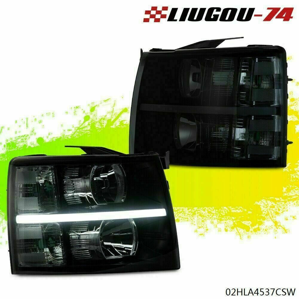 Smoke lens with black housing suitable for 2007-14 for Chevrolet Silverado LED light strip headlights (USA)