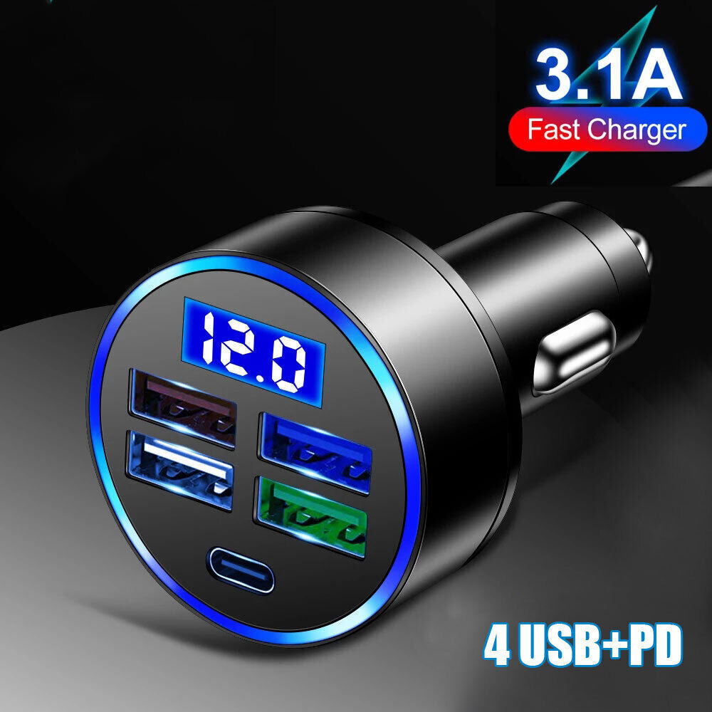 5 Ports USB Type-C PD Car Charger LED Fast Charging Adapter Car Accessories