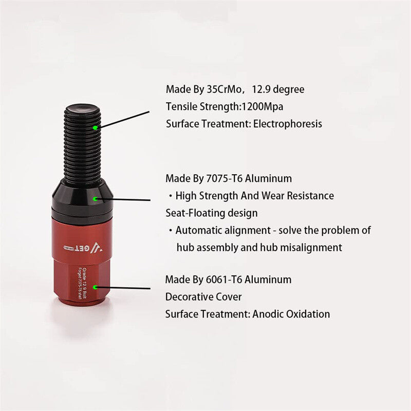 20-piece set of M14x1.5 wheel lug bolts, tapered for seat studs, 35mm shank, suitable for most aftermarket applications.